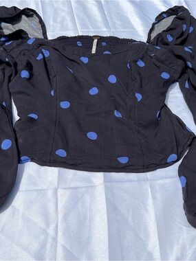Free People Black Crop Top with Blue Polka Dots